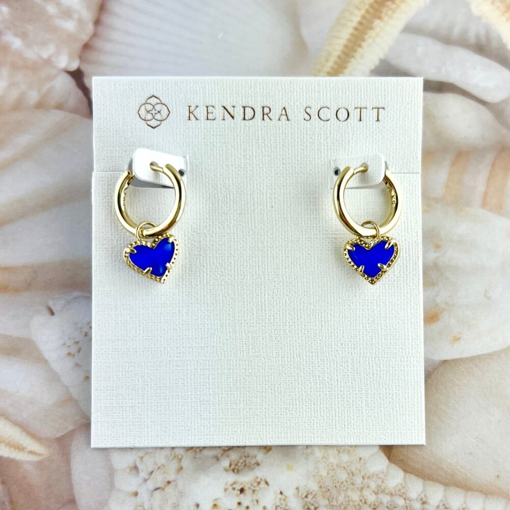 Kendra Scott Ari Heart Cobalt Blue gold earrings - Picture 2 of 5